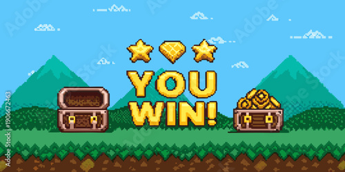 Pixel art scene displays a you win message with treasure and mountains
