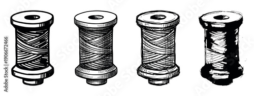 Four hand-drawn black and white thread spools showing a stylistic progression from clean line art to a rough, sketchy, and bold graphic illustration for sewing or craft concepts