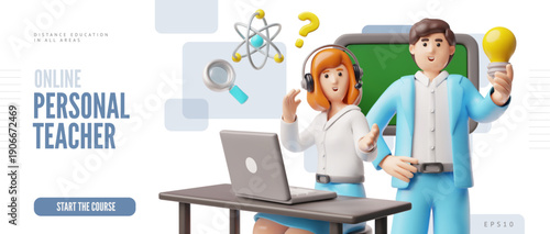 Online personal teacher landing page 3D vector design, cartoon woman and man with laptop schoolkids distance learning