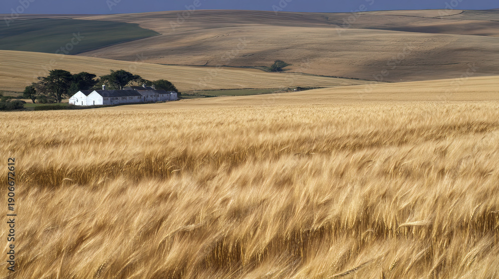 Obraz premium brewery. Golden wheat fields swaying in wind, traditional brewery farmhouse in rural landscape. ESG reports, sustainability campaigns, designed for environmental awareness campaigns. 