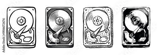 Four hand-drawn hard disk drive illustrations in a row, showcasing different graphic styles from simple line art to detailed cross-hatching and high-contrast ink sketch