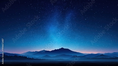Vast starry night sky over silhouetted mountain ranges and dark forest