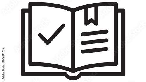 Book open with checkmark and bookmark icon in black line art style, symbolizing validation and reading featuring education, knowledge, approval with simple design and graphic resources elements,