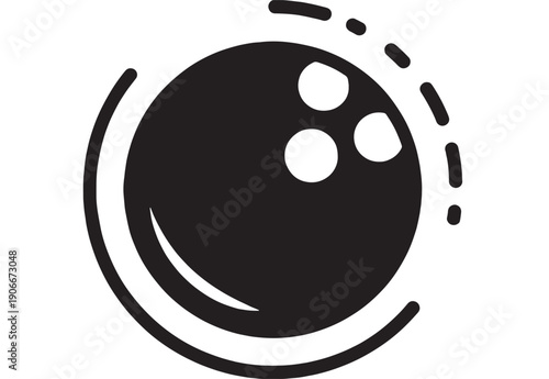 Bowling ball icon with finger holes and motion lines, minimalist black glyph silhouette for sport logo, bowling alley signage, app UI, web button, sticker design
