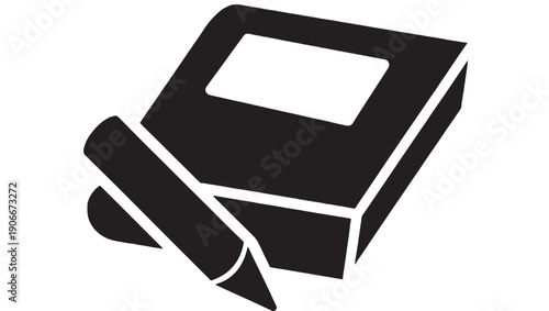 Notebook and pencil icon with bold black silhouette, simple education and writing symbol, minimal vector style for school, office stationery, notes, learning apps