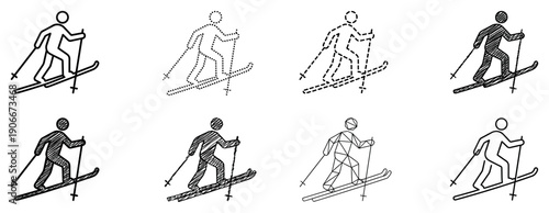 Set of eight black skier pictograms in various graphic styles including line art, dotted, dashed, solid, hand-drawn, and geometric for winter sport illustrations