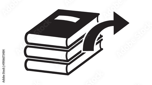 Books stack icon with arrow symbolizing knowledge transfer or information exchange, vector illustration, monochrome, simple design featuring education, learning, reading with library and bookmarks