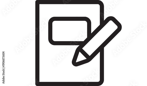 Document icon with pencil edit feature, simple black outline style, white background, editable graphic element featuring illustration, vector, design with symbol and sign elements for office,