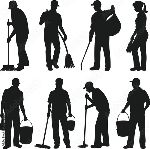 Vector, black, silhouette, illustration, set, of, various, professional, cleaners, sweeping, with, brooms, 