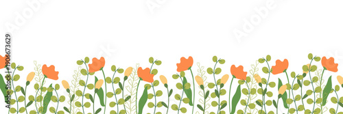 Spring floral border with orange and yellow flowers and leaves, decorative garden frame element, flat vector illustration isolated on white