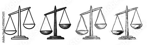 Set of four hand-drawn scales of justice icons in a sketchy doodle style showing a progression of texture and detail, symbolizing law, balance, and judgment