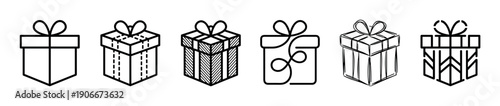 Set of six gift box icons with bows, showcasing various artistic styles from simple line art and hand-drawn sketch to abstract geometric and continuous line drawing designs