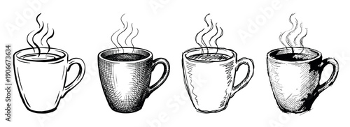 Four different hand-drawn coffee mugs steaming with a hot beverage, illustrated in a black and white ink sketch style with various cross-hatching and line art details