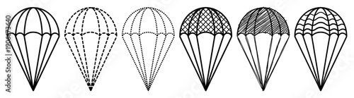 Set of six black parachute icons with different line styles and patterns, including solid, dashed, dotted, crosshatch, scribble, and wavy lines for graphic design