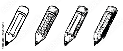 Set of four hand-drawn pencils in black ink showing a stylistic progression from simple line art to a textured, grungy, and distressed sketch illustration