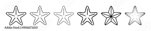 Set of six black starfish illustrations in various artistic styles, including simple outline, dashed, dotted, hand-drawn sketch, geometric, and stippled pointillism