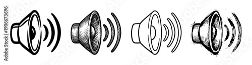 Set of four hand-drawn speaker icons representing sound and volume in various artistic styles like sketch, engraving, and line art for user interface and multimedia concepts