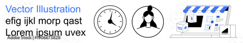 E-commerce, time tracking, online shopping, identity management, digital communication, customer service. Clock, user avatar storefront graphic. E-commerce and time tracking concept