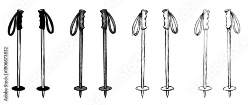 Four pairs of black and white ski poles in various hand-drawn illustration styles, including silhouette, cross-hatching, and sketchy line art for winter sports concepts