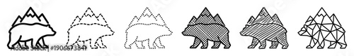 Set of six bear icons with mountains on their backs, showcasing various line art styles including solid, dashed, dotted, crosshatch, scribble, and geometric low-poly designs