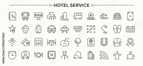 Hotel Service icon set in linear style. Icons for UI designs. Restaurant icon set. Contains outline symbols like room service, restaurant, receptionist, hostel, hotel and more.
