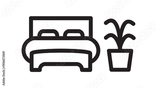 Bedroom icon with bed and potted plant, simple black vector illustration, minimalist home decor symbol featuring furniture, interior design, house with room and decoration elements, clean composition