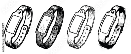 Set of four hand-drawn fitness trackers in various sketch styles, showcasing different artistic techniques from clean line art to detailed cross-hatching and bold ink strokes