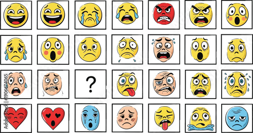 Collection of expressive emojis and emoticons, emotions set