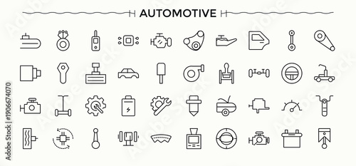 Automotive line icon set. Car icon set in linear style. Sign and Symbol. Contain linear sign auto, auto parts, repair, service, parts and more. Editable stroke. Pixel Perfect.
