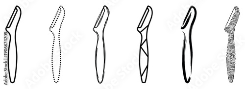 Set of six vegetable peelers illustrated in various artistic styles including clean line art, dotted outline, brush stroke, geometric, and stippled textures for a graphic design collection
