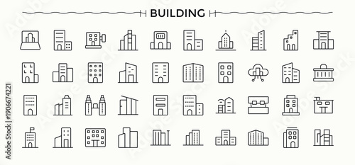 Building icon set. Trendy minimal icons. Residential linear icon set. Related to construction, real estate, office, home, town, architecture and more.