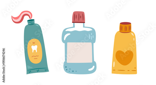 Balms and lotions, pastes and mouth wash. Vector isolated set of products for dental care and healthy teeth. Toothpaste with whitening and curing effect, refreshing scents and tastes for patients