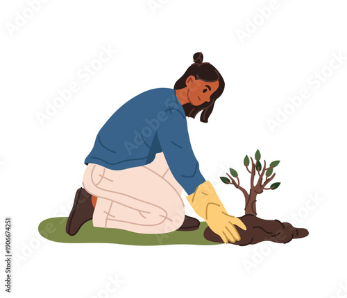 Female character wearing gloves planting tree or flowers in park or yard. Vector in flat style, isolated woman caring for nature, forestation and ecologically friendly activities for citizens