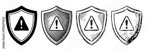 Hand-drawn shield icons with warning signs, a set of four black and white illustrations showing a progression of doodle, sketch, and grunge textures