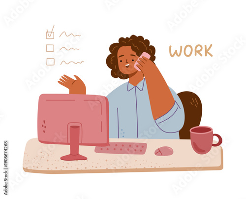 Female character working on phone while at work. Vector in flat style, isolated woman consulting client or making agreement with business partner. Life priorities and aspects, lifestyle of lady