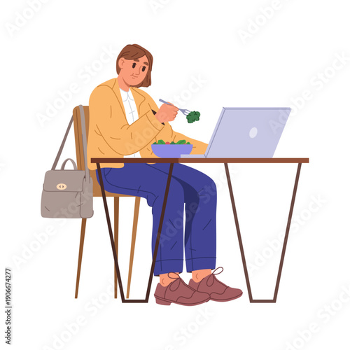 Student girl earing and working on laptop. Vector in flat style, isolated teenage character having meal in cafeteria continuing job on school or university project. Online learning or studying