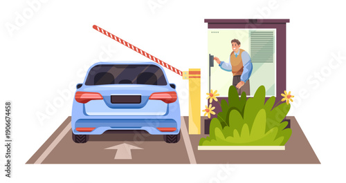 Car approaching parking lot entrance with barrier gate monitored by uniformed security guard. Vector controlled entry, orderly traffic management and secure system for commercial and residential areas