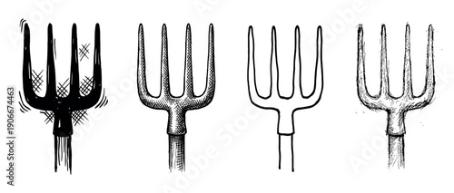 Four hand-drawn pitchfork illustrations in various sketch styles, including a simple outline, a detailed drawing, and a black silhouette with cross-hatching for a rustic design