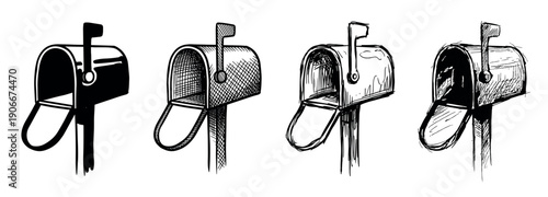 Set of four hand-drawn mailbox illustrations in various sketch styles, showing a progression from simple silhouette to detailed cross-hatching with open doors and raised flags