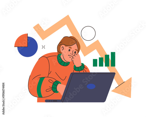 Checking stock market analysis, growing and falling arrows. Vector in flat style, investment strategy and business activities. Profit and banking, lady with laptop upset about loss of money