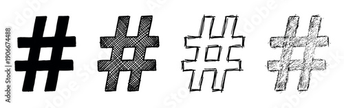 Four hand-drawn black hashtag symbols in different artistic styles, including solid fill, cross-hatching, outline, and scribble texture, creating a diverse set of graphic elements