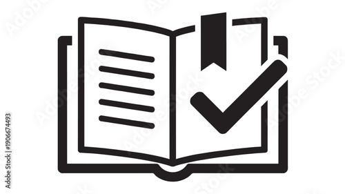 Book open icon with check mark and bookmark ribbon, minimalist black outline symbol for education, reading list, approved document, learning app interface