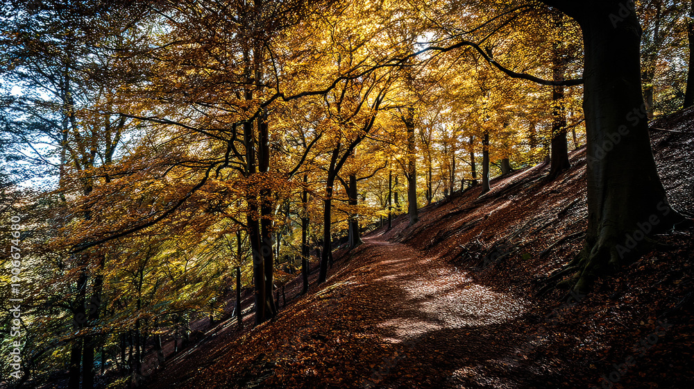 Obraz premium narrow. Narrow forest path with autumn leaves and dappled sunlight. representing seasonal cycles and harvest abundance, travel magazines, designed for travel destination branding. 