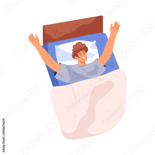 Male personage in bed stretching hands. Vector isolated man waking up or falling asleep. Daily routine and everyday life of character. Starting or finishing day. Stretch before standing up