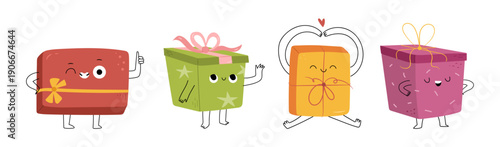 Winking and waving, jumping and proud cartoon presents characters with ribbons. Vector isolated set of cute smiling gift boxes. Mascots and emoticons with legs and hands with cheerful expression