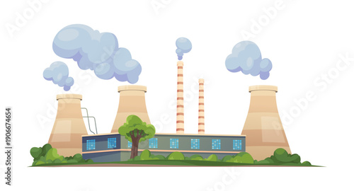 Thermal generation station, isolated cartoon facility for converting heat energy. Vector fossil fuel power plant with cooling towers with steam, chimneys and industrial landscape with greenery