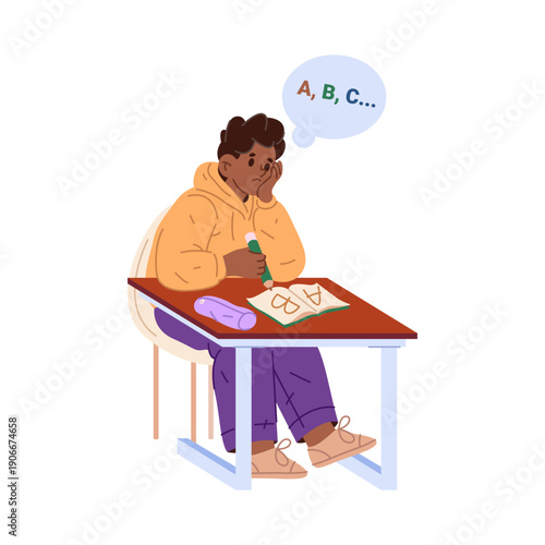 Boy kid studying language at lessons in primary school. Vector in flat style, isolated child character. Education and development of basic skills. Learning how to read and write, abc memorizing