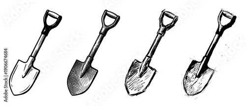 Hand-drawn garden spade collection showing four different artistic styles, from a simple clean outline to detailed crosshatching and an expressive, sketchy ink drawing