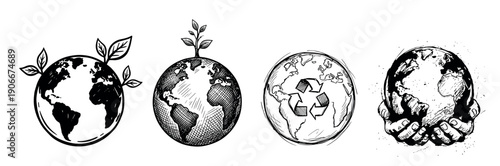 Four black and white hand-drawn illustrations of planet Earth representing ecology, sustainability, and environmental conservation with leaves, a sprout, and a recycling symbol