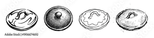 Four hand-drawn pot lids in a sketch style collection, showcasing different ink drawing techniques like hatching and simple line art for a rustic culinary concept